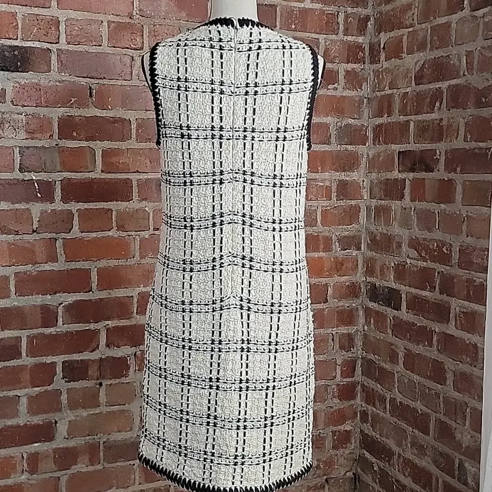 Tory‎ Burch Black Ivory Sleeveless Tweed Midi Dress Medium